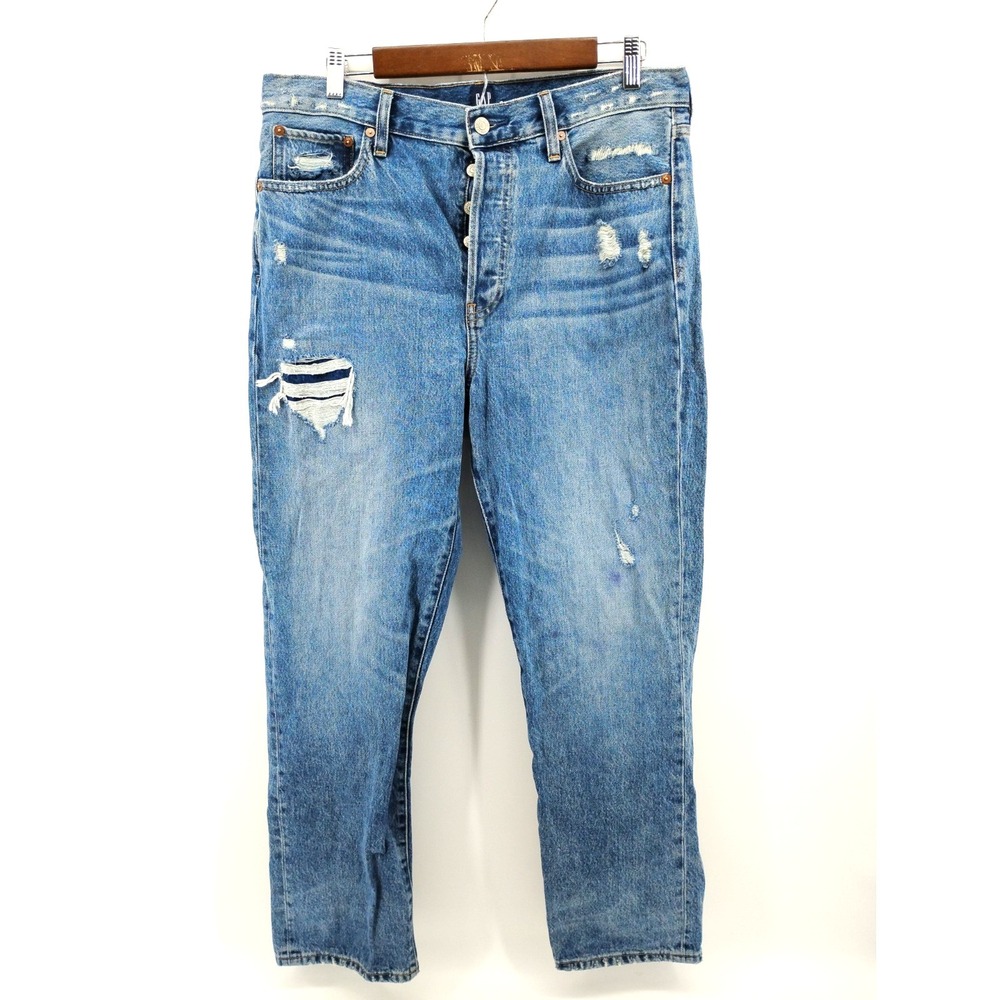 Gap Blue Denim Boyfriend Button Fly High Rise Distressed Jeans Women's Sz 10/30